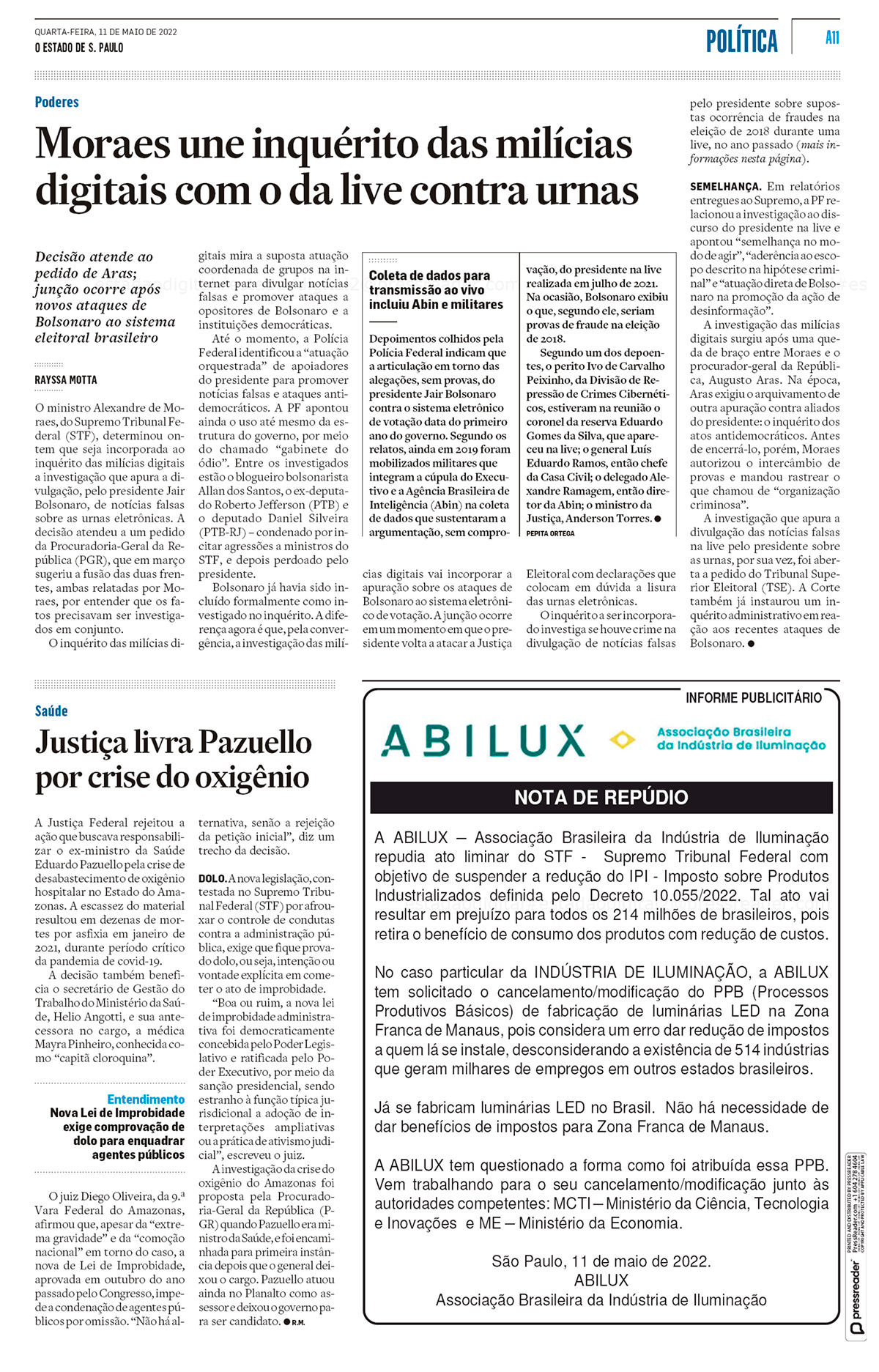 Nota de repúdio ABILUX no jornal Estadão